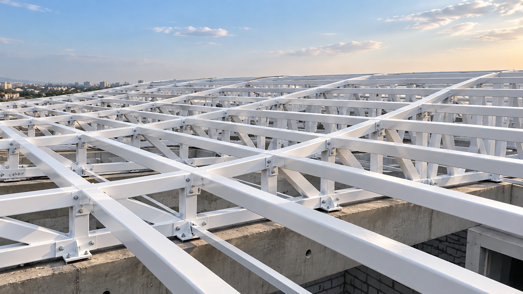 Steel roof framework with aligned members and bolted connections