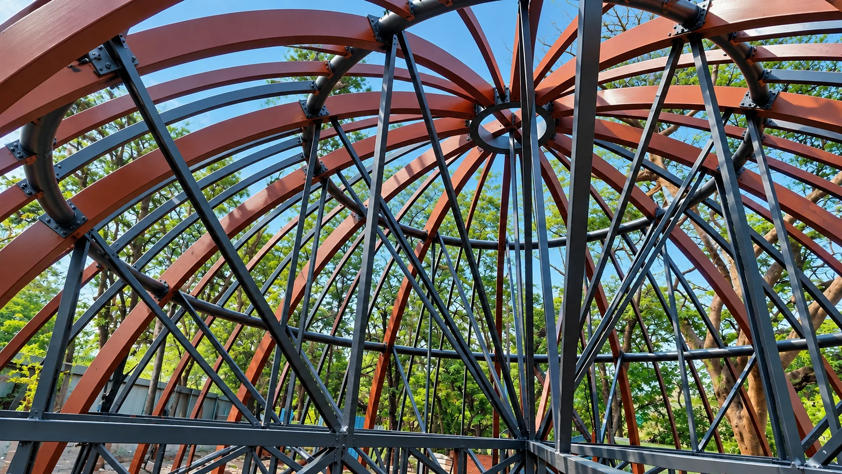 Curved dome ribs with dark steel bracing and bolted connections viewed from below