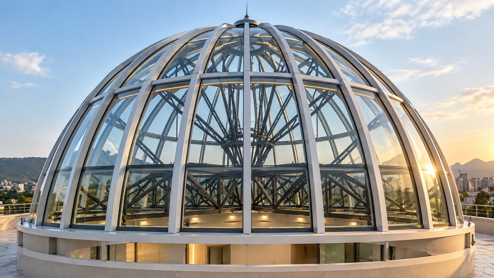 Architectural dome formed from curved steel members and glass panels