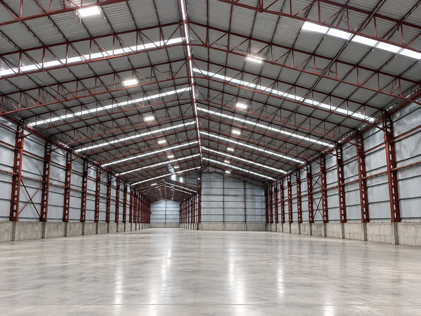 Spacious industrial shed interior with red steel roof trusses and roof-light panels