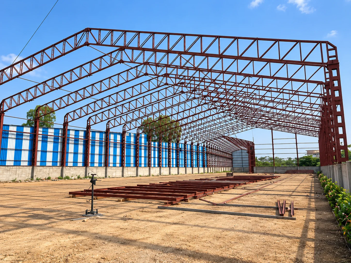 Industrial steel shed frame with additional fabricated steel members laid out on the ground
