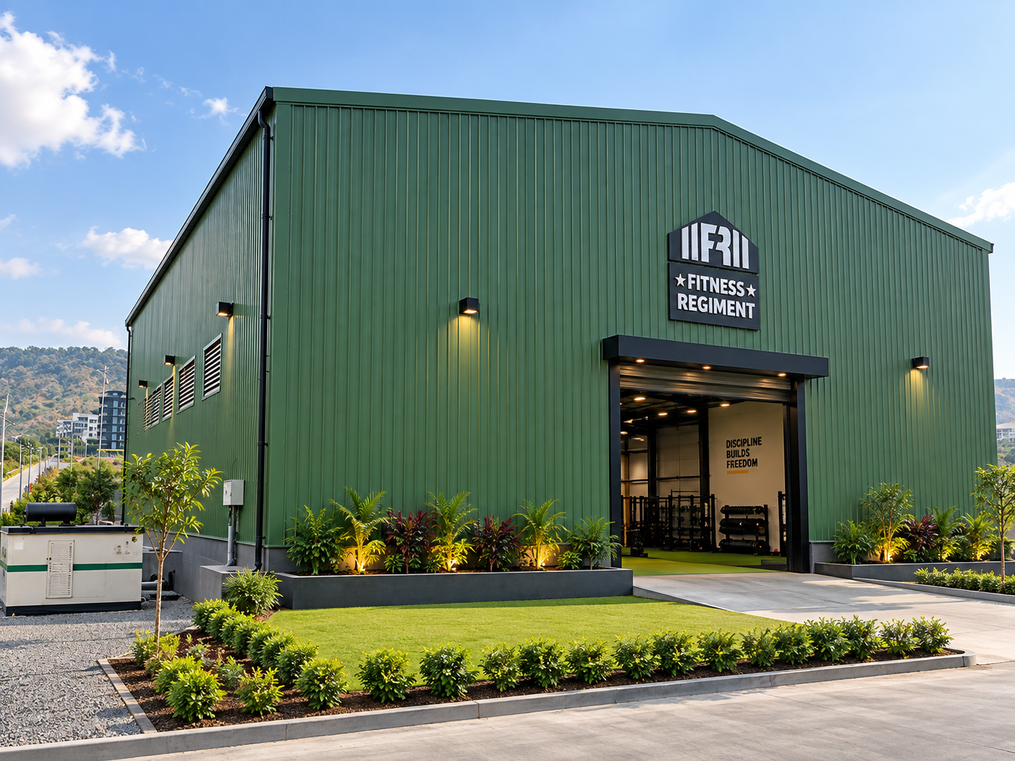 Fitness Regiment building with green metal cladding