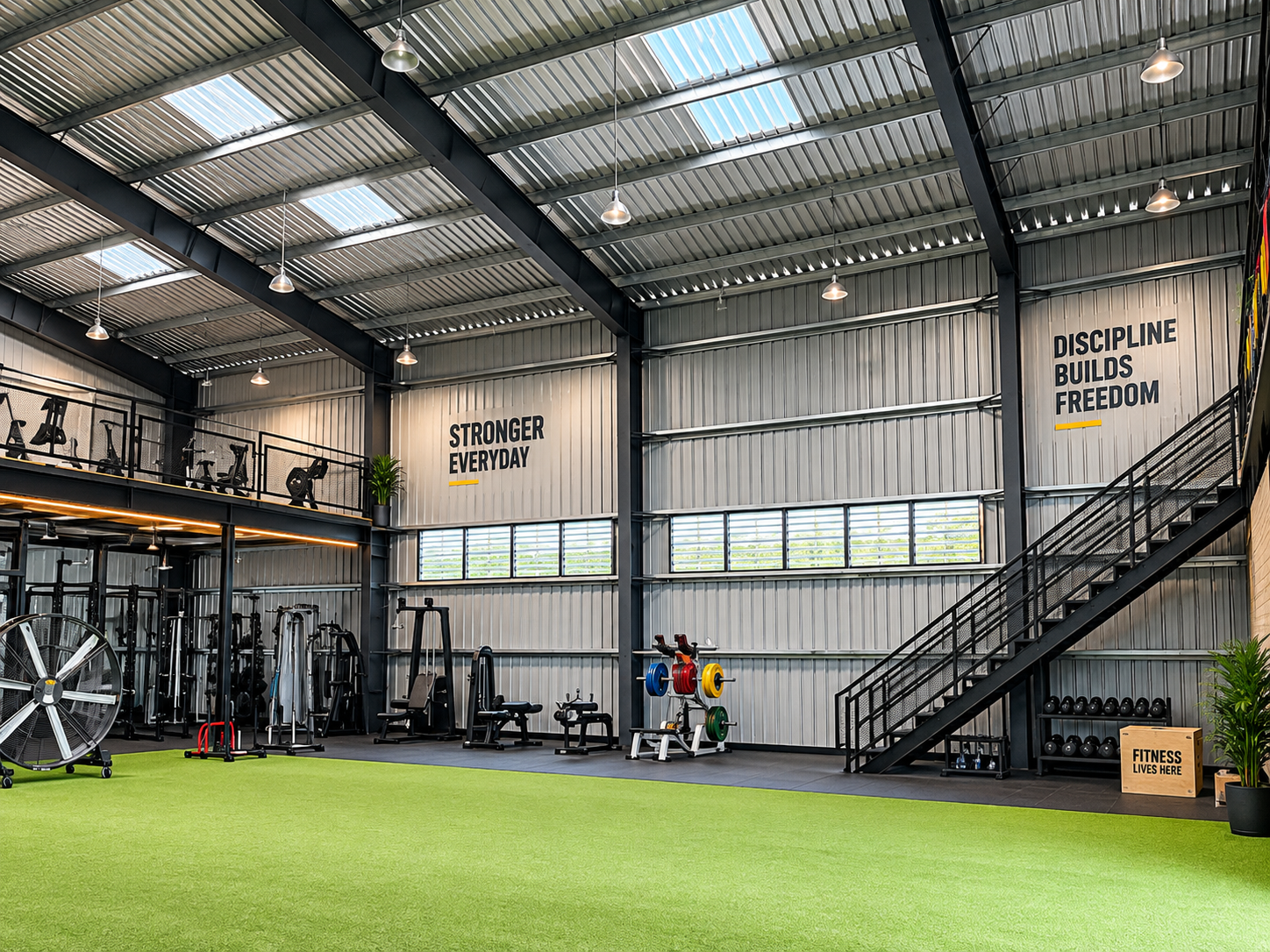 Fitness facility with exposed steel framing and a mezzanine