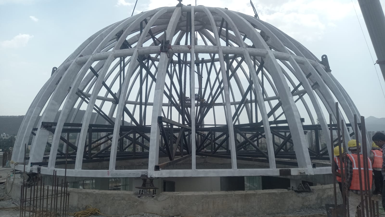 Steel dome framework during construction