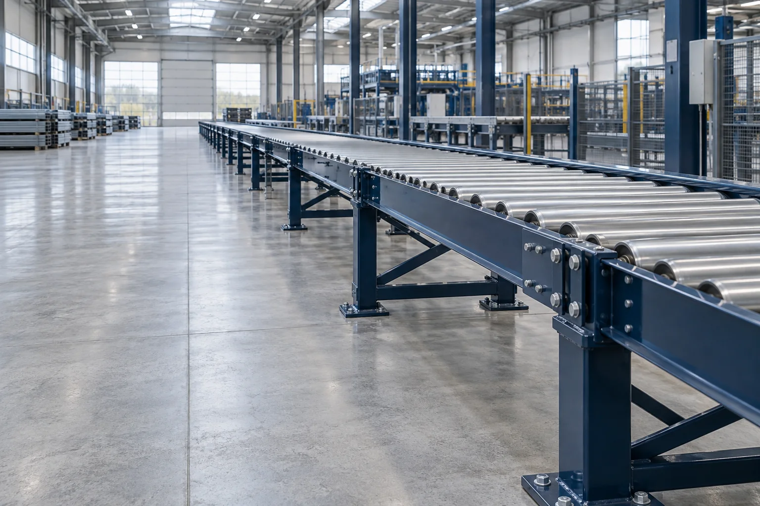 Illustrative roller conveyor with fabricated steel support frames in a factory