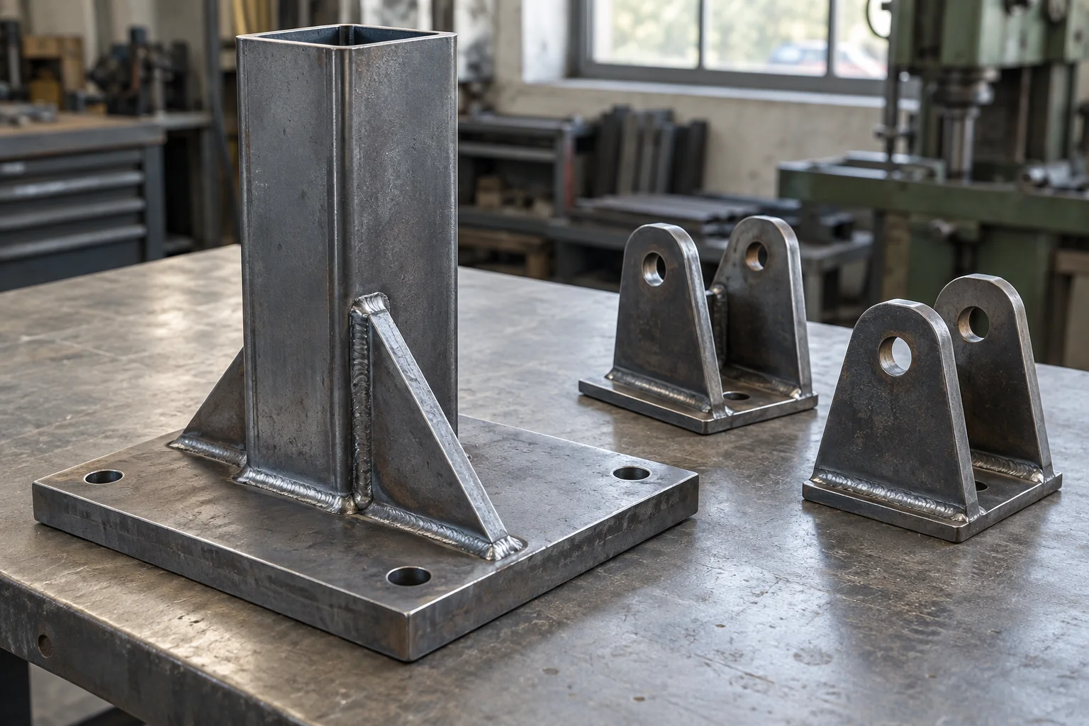Illustrative welded steel upright, gusset plates and custom mounting brackets on a workbench
