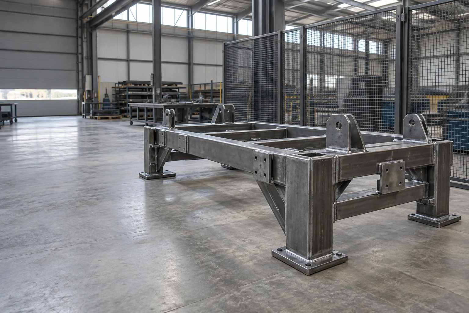 Illustrative fabricated steel equipment frame and mesh partitions in a workshop