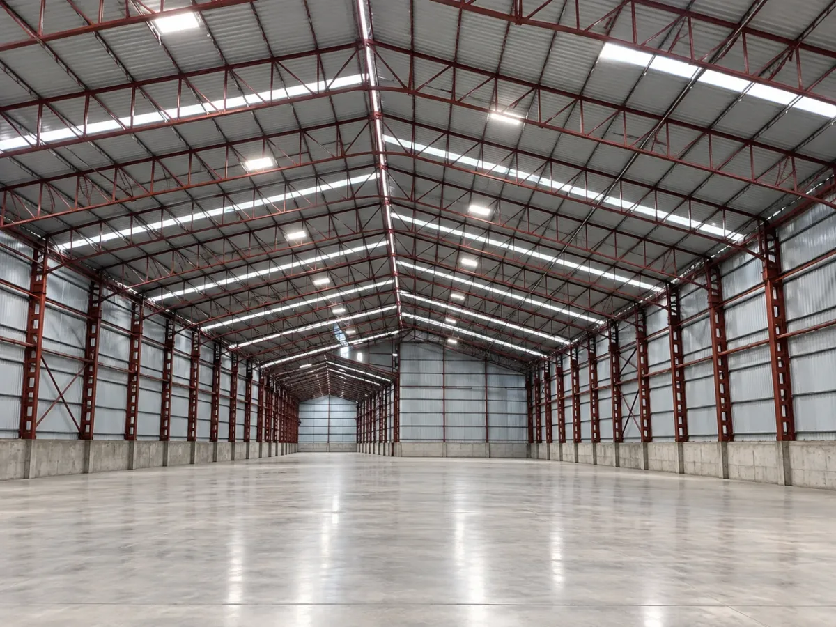 Spacious industrial shed interior with red steel roof trusses and roof-light panels