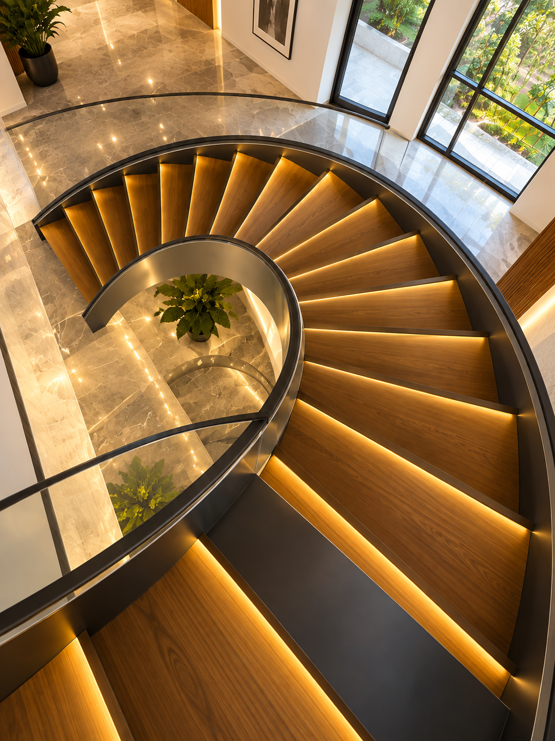 Spiral staircase with illuminated timber treads and glass balustrades